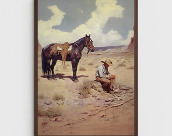 Western Cowboy Painting | Vintage Wall Art | Mid Century Decor | Cowboy Oil Painting | Antique Oil Painting| PRINTABLE Digital Download |