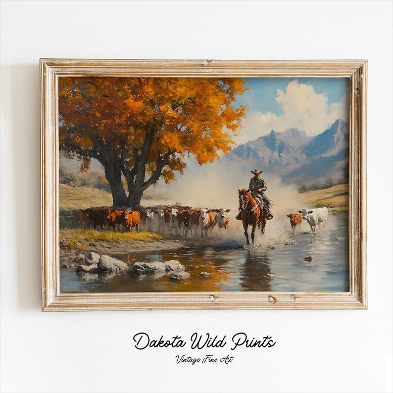 Vintage-style digital oil painting of a cowboy leading a cattle drive through a Southwestern landscape. Perfect for rustic ranch prints, farmhouse wall decor, or vintage cowboycore enthusiasts, this art brings Western charm to your space.