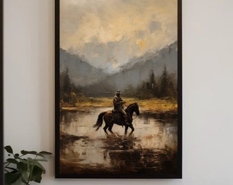 Western Cowboy Painting | Vintage Wall Art | Mid Century Decor | Cowboy Oil Painting | Antique Oil Painting| PRINTABLE Digital Download |
