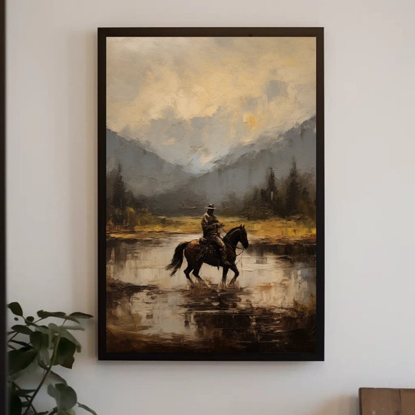 Peinture de cowboy occidental | art mural vintage | Décor du milieu du siècle | Peinture à l’huile de cowboy | Peinture à l’huile antique| Téléchargement numérique IMPRIMABLE |