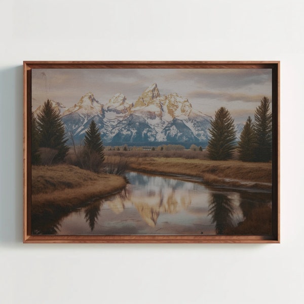 Grand Tetons at Sunset | Vintage Landscape Painting | Vintage Wall Art | Antique Oil Painting | Mountain Art | PRINTABLE Digital Download |