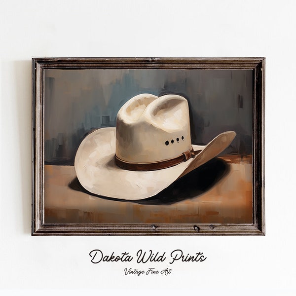 Cowboy Hat Print | Rustic Oil Painting | Farmhouse Decor | Antique Country Art | Downloadable Print
