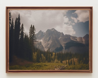 Paisaje de montaña verde / Arte de pared vintage / Decoración en tono tierra / Pintura al óleo antigua / Impresión de arte de cabaña / Descarga digital IMPRIMIBLE /
