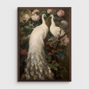 Puede incluir: Una pintura de dos pavos reales blancos con sus colas extendidas. Los pavos reales están posados en una rama en un exuberante bosque verde con flores rosas.