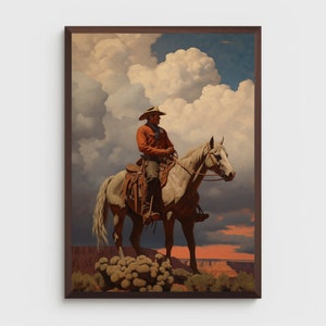 Western Cowboy Painting | Vintage Style Wall Art | Mid Century Decor | Cowboy Oil Painting | Earth Tone Decor | PRINTABLE Digital Download
