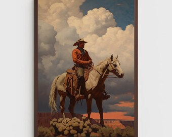Western Cowboy Painting | Vintage Style Wall Art | Mid Century Decor | Cowboy Oil Painting | Earth Tone Decor | PRINTABLE Digital Download
