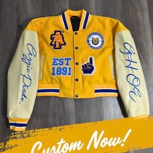May include: A yellow varsity jacket with cream-colored sleeves, featuring blue and yellow patches including the text AT, EST 1891, a bulldog logo, and a foam finger. The sleeves display the text Aggie Pride and GHOE in blue script embroidery.