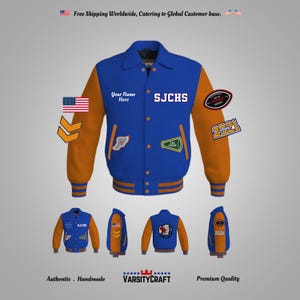 May include: Blue and orange varsity jacket with the text "SJCHS" and "Your Name Here" embroidered on the front. The jacket has a variety of patches, including a football, a cheerleader, and a running figure. The jacket is also decorated with the number "2021".