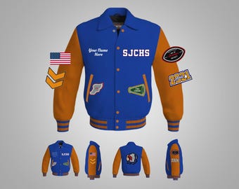 May include: Blue and orange varsity jacket with the text "SJCHS" and "Your Name Here" embroidered on the front. The jacket has a variety of patches, including a football, a cheerleader, and a running figure. The jacket is also decorated with the number "2021".