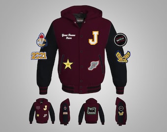 May include: Burgundy and black varsity jacket with a large letter "J" on the front. The jacket has a hood and several patches, including a star, a running figure, and a school logo. The text "Your Name Here" is printed on the jacket.