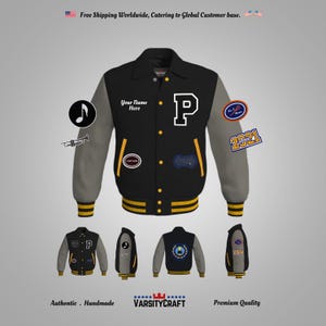 May include: Black and grey varsity jacket with yellow stripes and patches. The jacket has a large letter "P" on the front, a music note, a trumpet, and the text "Your Name Here". The back of the jacket has a patch with the text "2021".
