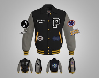 May include: Black and grey varsity jacket with yellow stripes and patches. The jacket has a large letter "P" on the front, a music note, a trumpet, and the text "Your Name Here". The back of the jacket has a patch with the text "2021".