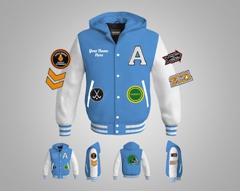 May include: A light blue varsity jacket with white sleeves and a hood. The jacket has a variety of patches, including a letter "A", a varsity patch, a crossed hockey sticks patch, and a patch with the text "Your Name Here".
