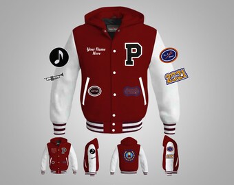 May include: Red and white varsity jacket with a large letter "P" on the front. The jacket has a hood and a white stripe around the bottom. The jacket has several patches, including a music note, a trumpet, a captain patch, and a 2021 patch.