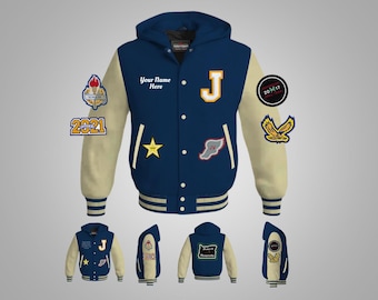May include: A blue and cream varsity jacket with a hood. The jacket has a large letter "J" on the front, and several patches on the sleeves. The patches include a star, a running shoe, a torch, and a bird. The text "Your Name Here" is printed on the jacket. The text "2021" and "2017" are also on the jacket.