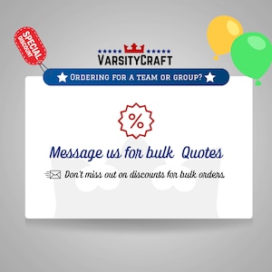 May include: A white banner with blue text that reads "Message us for bulk Quotes" and "Don't miss out on discounts for bulk orders." The banner is decorated with a red star, a red circle with a white percent sign, and a blue envelope icon. The banner is surrounded by a string of colorful flags and two balloons, one yellow and one green.