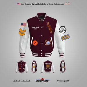 Premium White Leather & Maroon Wool Custom Varsity Letterman Baseball Jacket Wool Grade Years Lettering VarsityCraft® Handmade