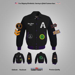 May include: Black varsity jacket with purple and white trim. The jacket has a variety of patches, including a letter A, a varsity patch, a hockey stick patch, and a 2021 patch. The jacket also has a name tag that says "Your Name Here".