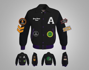 May include: Black varsity jacket with purple and white trim. The jacket has a variety of patches, including a letter A, a varsity patch, a hockey stick patch, and a 2021 patch. The jacket also has a name tag that says "Your Name Here".