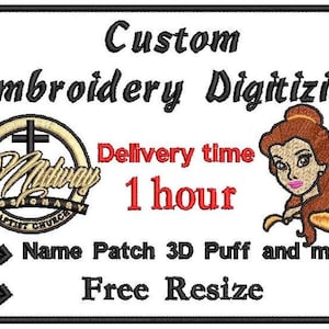 Op de afbeelding: Witte achtergrond met zwarte tekst die "Custom Embroidery Digitizing" luidt.  Onder de tekst bevindt zich een logo met een kruis en de woorden "Midway Missionary Baptist Church".  De tekst "Delivery time 1 hour" bevindt zich onder het logo.  Daaronder staat een lijst met aangeboden diensten: "Name Patch 3D Puff and more" en "Free Resize".  Aan de rechterkant van de afbeelding staat een cartoonafbeelding van een vrouw met bruin haar.