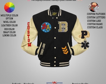 May include: A black varsity jacket with cream-colored sleeves. The jacket features custom patches, letters, and logos, including a large "B" and a patch with "SGA". The jacket has a striped rib knit collar and cuffs. The text "CUSTOM" is printed on the left sleeve.