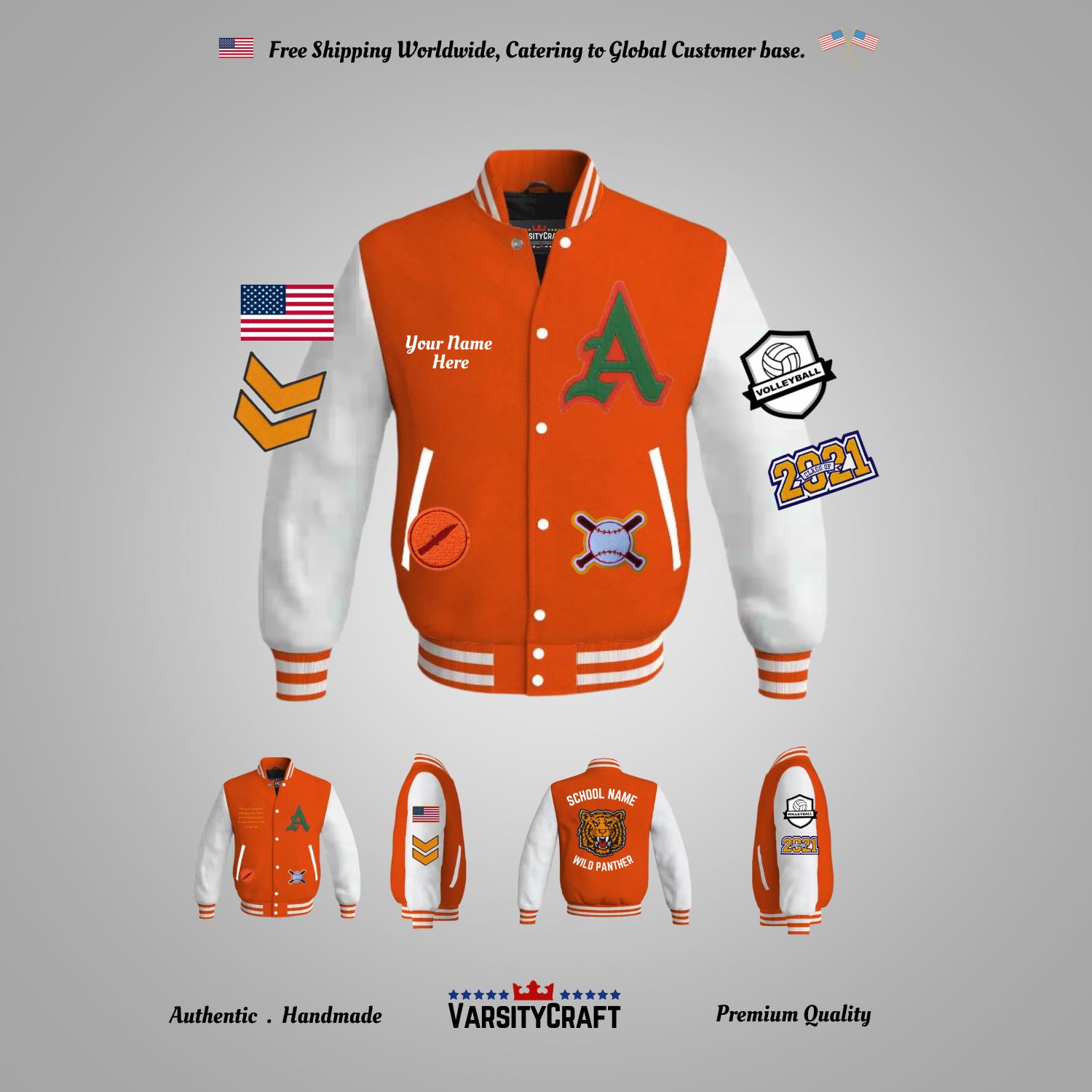 Custom Varsity Jacket Letterman White Leather & Orange Wool School