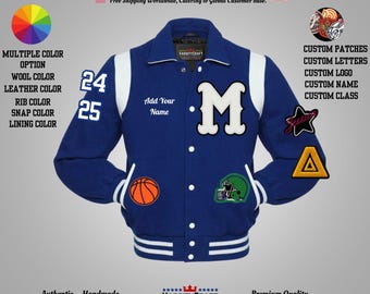 May include: A blue varsity jacket with white accents, featuring a large white "M" patch and various sports-themed patches. The jacket includes the text "Add Your Name" and numbers on the sleeves. The image also shows color options and customization details.