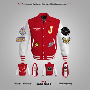 May include: Red and white varsity jacket with a large letter "J" on the front. The jacket has several patches, including a star, a running figure, and a basketball team logo. The jacket also has a "2021" patch on the sleeve.