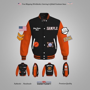 May include: Black and orange varsity jacket with a white "SAMPLE" text on the front. The jacket has a baseball, volleyball, and "2021" patches on the sleeves. The jacket is customizable with your name and school name.