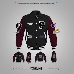 May include: Black and maroon varsity jacket with white stripes on the sleeves and a white 'P' on the chest. The jacket has several patches, including a music note, a trumpet, a captain's patch, and a 2021 patch. The text 'Your Name Here' is printed on the jacket.