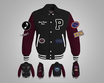 May include: Black and maroon varsity jacket with white stripes on the sleeves and a white 'P' on the chest. The jacket has several patches, including a music note, a trumpet, a captain's patch, and a 2021 patch. The text 'Your Name Here' is printed on the jacket.