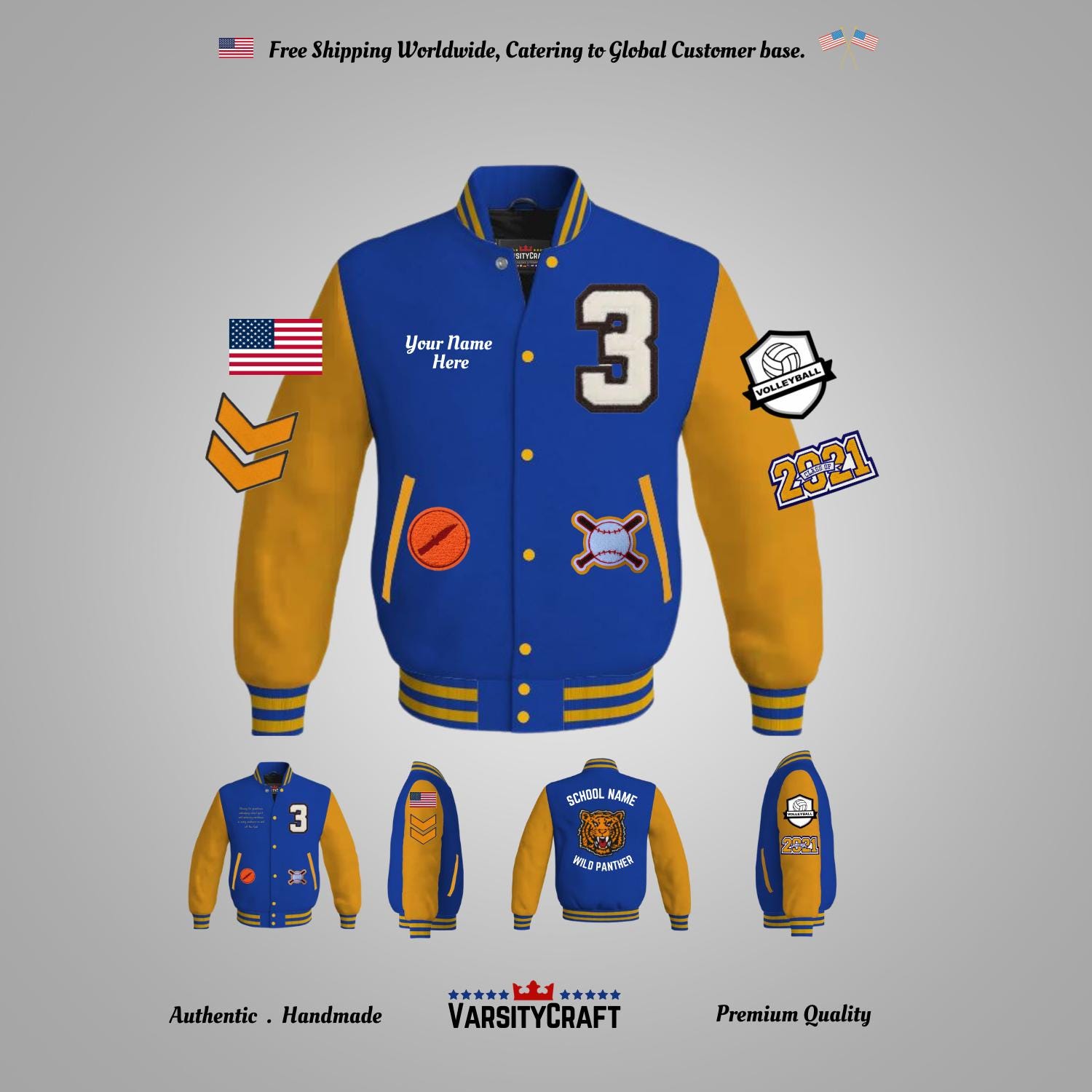 Letterman Baseball Custom Varsity Jacket Gold Leather & Royal Blue