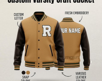 May include: A tan and brown varsity jacket with the text "Custom Varsity Craft Jacket". The jacket features a large white letter "R" on the front and the words "YOUR NAME" on the back. It has black sleeves and green and black striped accents.