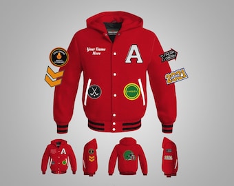 May include: Red hooded varsity jacket with black and white stripes. The jacket has a large letter 'A' on the front, along with several patches, including a varsity patch, a cross and hockey stick patch, and a patch with the text '2021'.