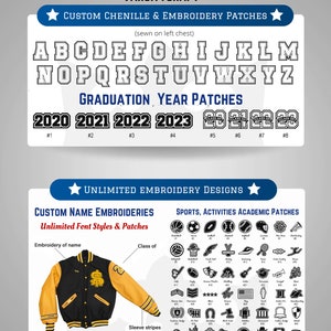 May include: A graphic showing a variety of custom embroidery patches for jackets, including letters, graduation year patches, sports, activities, and academic patches. The graphic also shows a black and yellow varsity jacket with a custom embroidered letter on the front.