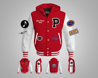 May include: Red and white varsity jacket with a large letter "P" on the front. The jacket has a hood and white sleeves with red and white stripes on the cuffs. The jacket has several patches, including a captain patch, a music note patch, and a patch with the year 2021.