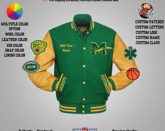 May include: A green and gold varsity jacket with custom patches, letters, and logo options. Features a green body, gold sleeves, and the text "Add Your Name". Includes a basketball patch and the word "Customized".