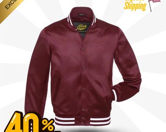 May include: A maroon satin bomber jacket with white ribbed trim around the collar, cuffs, and hem. The jacket has a button closure and two front pockets.
