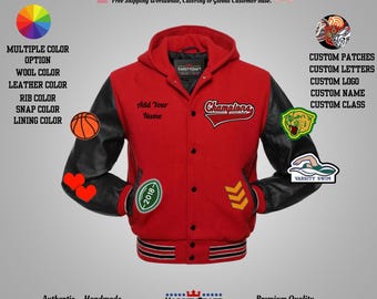 May include: A red varsity jacket with black sleeves, featuring patches of a basketball, hearts, and a tiger. The jacket has a hood and the word "Champions" on the chest. The text "Add Your Name" is also visible.