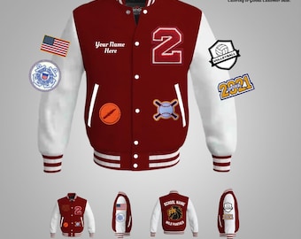 May include: Red and white varsity jacket with a white leather sleeve. The jacket has a number 2, a baseball, a volleyball, and a school mascot patch. The text "Your Name Here" is on the front of the jacket.