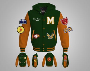 May include: Green and orange varsity jacket with a large letter "M" on the front. The jacket has a hood and several patches, including a tiger, a tennis racket, an eagle, and a school mascot. The jacket also has the text "Your Name Here" and the year "2021".