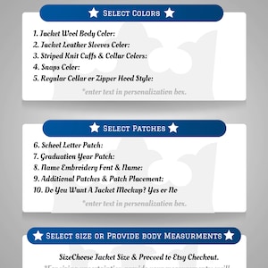 May include: Order instructions for a varsity jacket. Select colors, patches, and size or provide body measurements. Choose jacket size and proceed to Etsy checkout. For sizing uncertainties, provide your measurements.