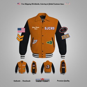 May include: A varsity jacket in orange and black with white striped cuffs and hem. The jacket features patches, including the text "SJCHS", a football graphic, and the year "2021". The text "Your Name Here" is also visible.