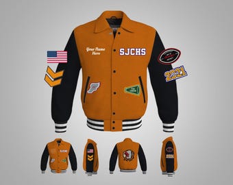 May include: A varsity jacket in orange and black with white striped cuffs and hem. The jacket features patches, including the text "SJCHS", a football graphic, and the year "2021". The text "Your Name Here" is also visible.