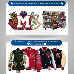 May include: A collection of custom chenille and embroidery patches for letterman jackets. The patches feature various designs, including letters, numbers, logos, and mascots. The patches are available in a variety of colors and styles.  Personalized letterman jackets for customers.