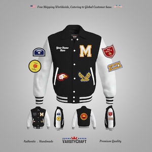 May include: Black and white varsity jacket with a large letter "M" on the front. The jacket has a white leather sleeve with a red and gold patch that says "Tiger Tennis". The other sleeve has a red and gold patch that says "Made Honor Roll 2019" and a gold patch that says "2021".