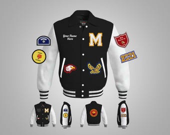 May include: Black and white varsity jacket with a large letter "M" on the front. The jacket has a white leather sleeve with a red and gold patch that says "Tiger Tennis". The other sleeve has a red and gold patch that says "Made Honor Roll 2019" and a gold patch that says "2021".