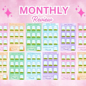 May include: A printable monthly reading tracker with a pastel color scheme and a cloud and grass design. Each month has a section for 12 books and a space to mark the favorite read of the month.