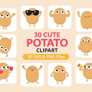 Puede incluir: Una colección de 30 ilustraciones de clipart de patatas lindas en formatos SVG y PNG. El gráfico presenta varias patatas de color tostado con caras y extremidades expresivas, incluyendo personajes con gafas de sol, boxeando, meditando y con un megáfono.