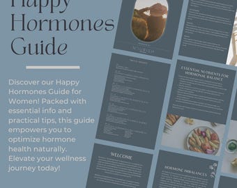Può includere: Una guida blu e bianca con il titolo "Happy Hormones Guide" e il testo "Scopri la nostra guida Happy Hormones per le donne! Piena di informazioni essenziali e consigli pratici, questa guida ti dà il potere di ottimizzare la salute ormonale in modo naturale. Eleva il tuo benessere oggi stesso!"